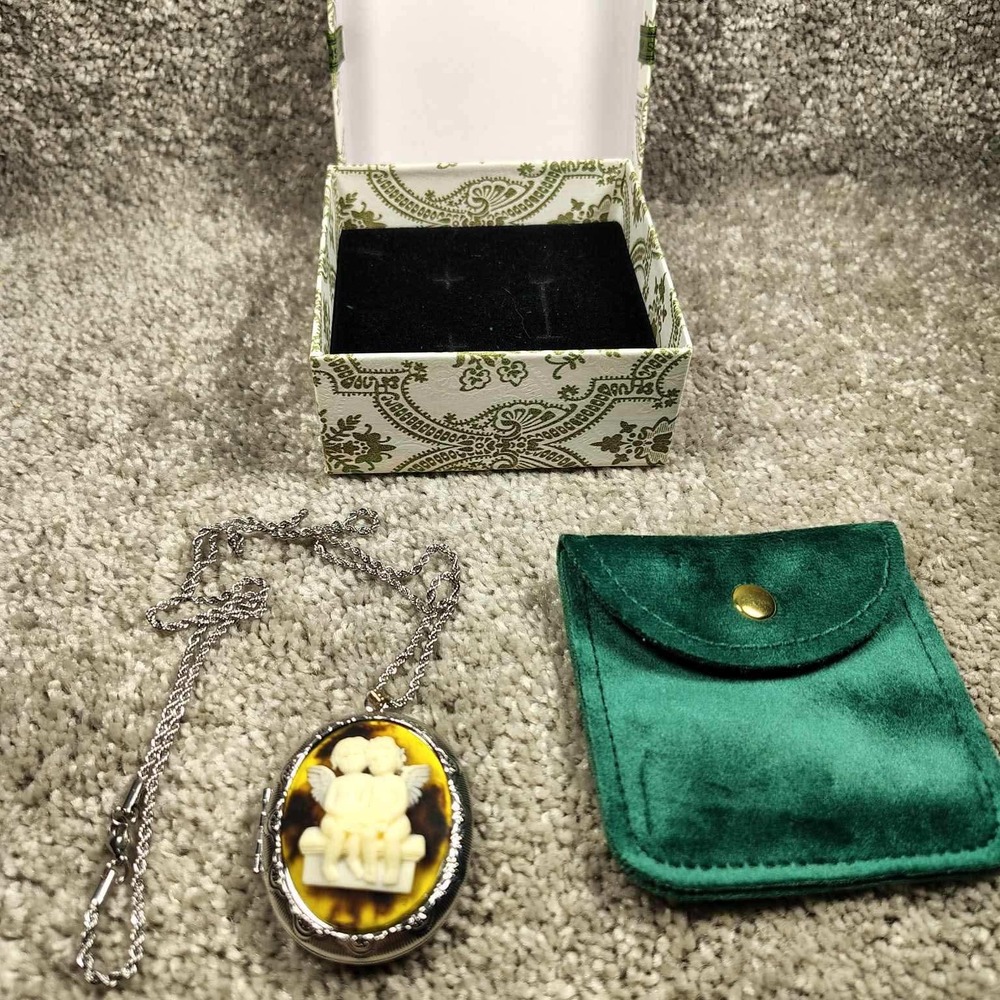 Cameo Locket Necklace Silver Tone Cherub Angel Tortoise Shell Women OS